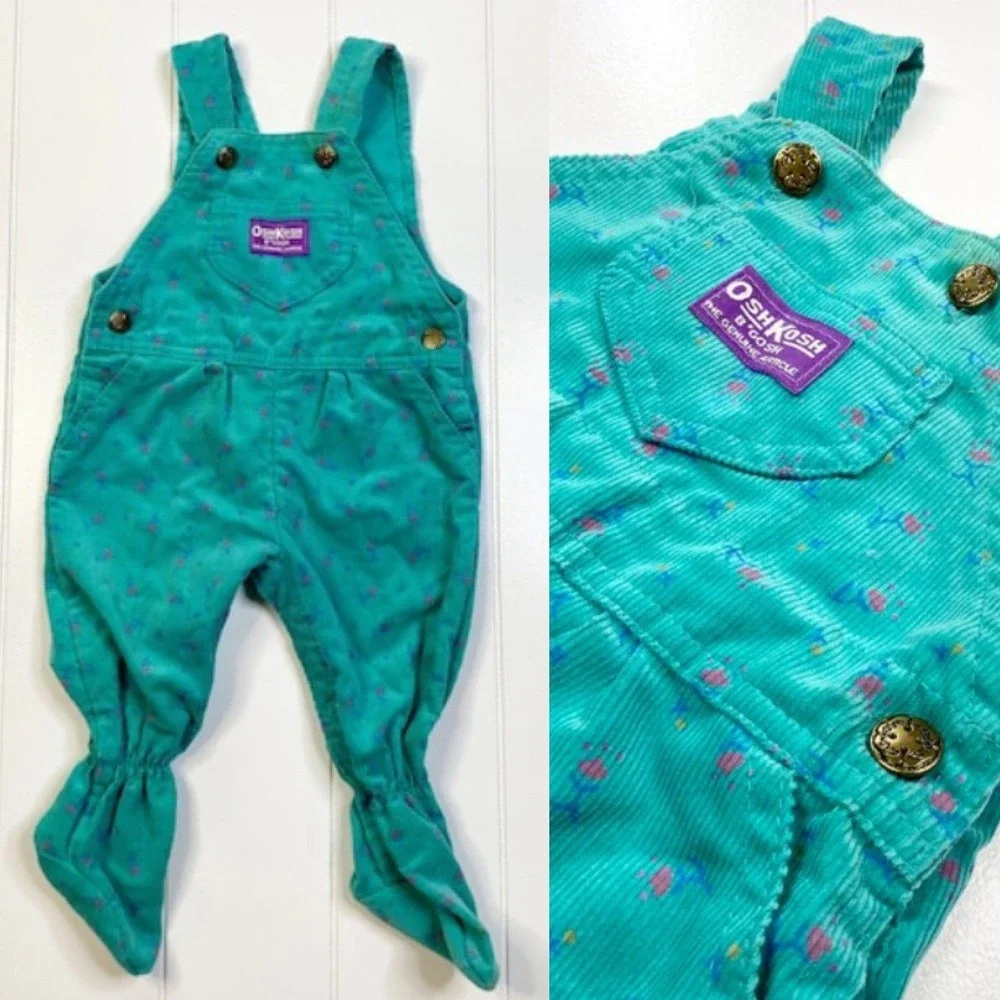 Vintage Oshkosh BGosh Teal Floral Corduroy Footie Overalls,‎ Size 6-9 Months